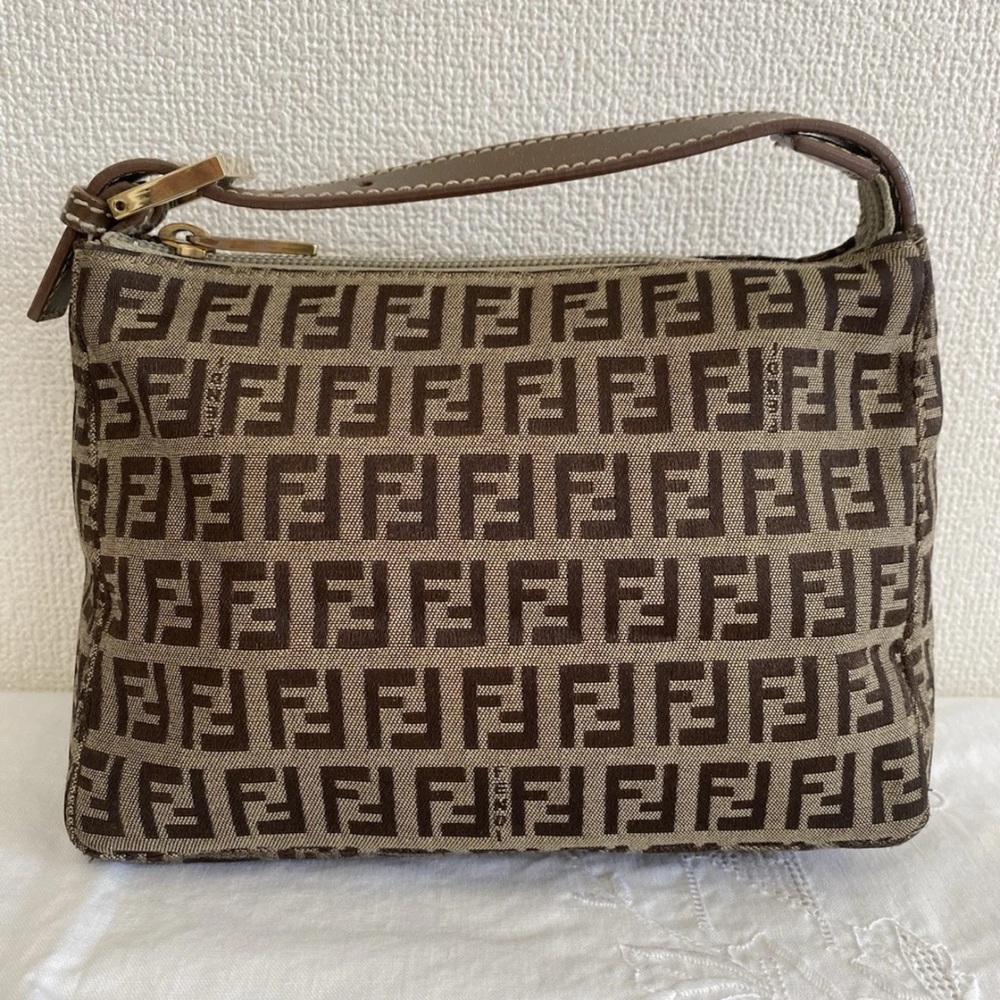 FENDI Zucchino Canvas Mini Pouch Accessory Pouch Hand Bag Brown Beige